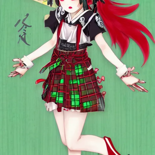 Image similar to an intimidating female flower plant youkai woman, yuuka kazami, with short wavy green hair and burning piercing red eyes, wearing a red plaid dress, 4 k digital beautiful detailed touhou character art portrait