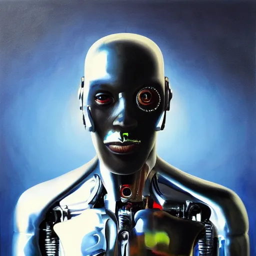 Image similar to a realistic oil painting of a black man as a cybernetic cyborg, surrealism portrait, surrealism album cover