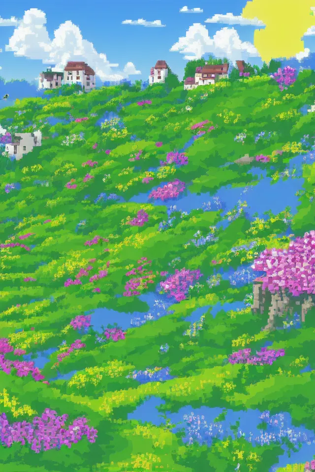 Prompt: a countryside, green hills and blue sky with patches of clouds, nature in all its beauty, some houses in the background, star - shaped flowers in the foreground, we can see the sea, pixel art, 3 2 bits, sprite, detailed,