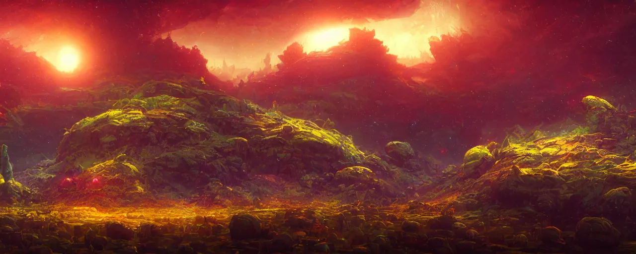 Image similar to ” outer planet landscape, [ cinematic, detailed, epic, widescreen, opening, establishing, mattepainting, photorealistic, realistic textures, octane render, art by paul lehr ] ”