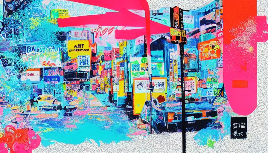 Image similar to Japan travel and adventure, minimalist negative space white acrylic base coat, mixed media collage acrylic airbrush painting by Jules Julien, Leslie David and Lisa Frank, muted colors with minimalism, neon color mixed collage cutout details