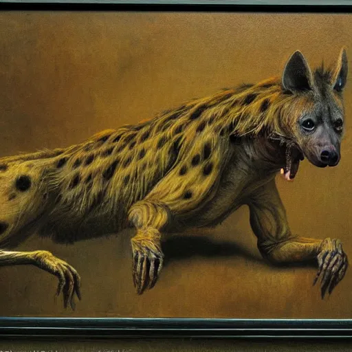 Image similar to horrific grotesque hyena and calculator hybrid, beksinski style painting, highly detailed