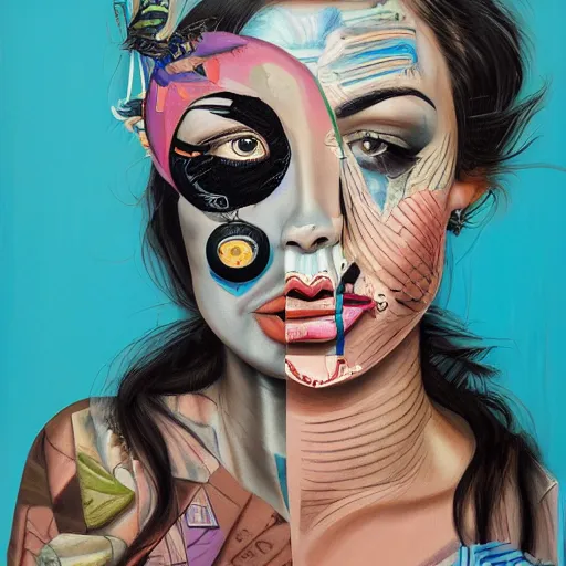 Prompt: a painting of a woman's face with many different things on her face, a surrealist painting by Sandra Chevrier, behance contest winner, pop surrealism, surrealist, detailed painting, poster art