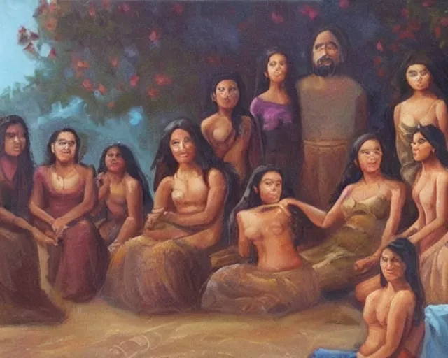 Image similar to beautiful oil painting of a brown man and his 7 wives in the afterlife.