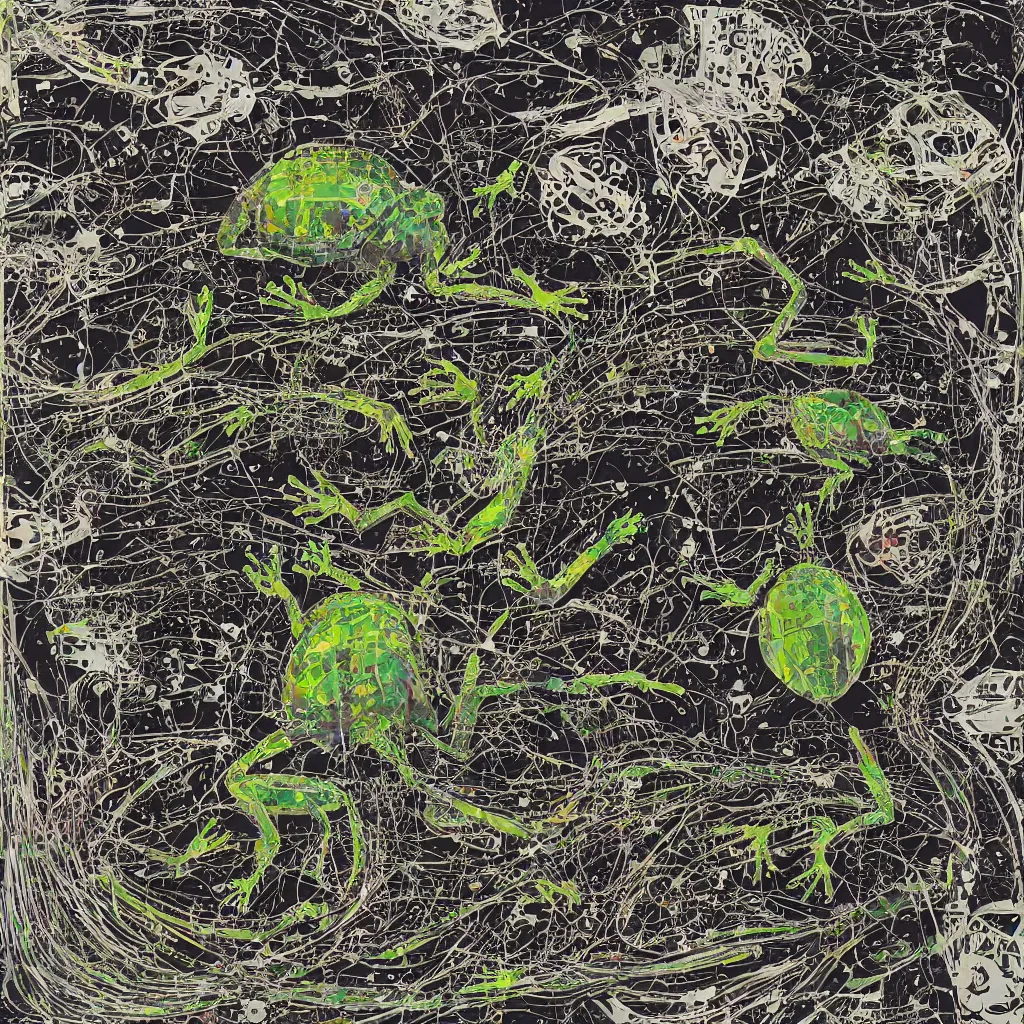 Image similar to toads, big toad, mechanical, technical, abstract, acrylic, oil, circuit board, computers, vektroid album cover, vectors, drips, dimensions, breakcore, leaks, glitches, frogs, amphibians, geometry, data, datamosh, motherboard, code, y 2 k, painting, dark, old web, cyber