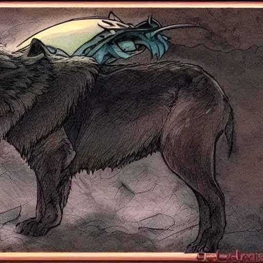 Image similar to wolf valcano hybrid, drawn by miyazaki nausicaa ghibli, moebius, yoshitaka Amano