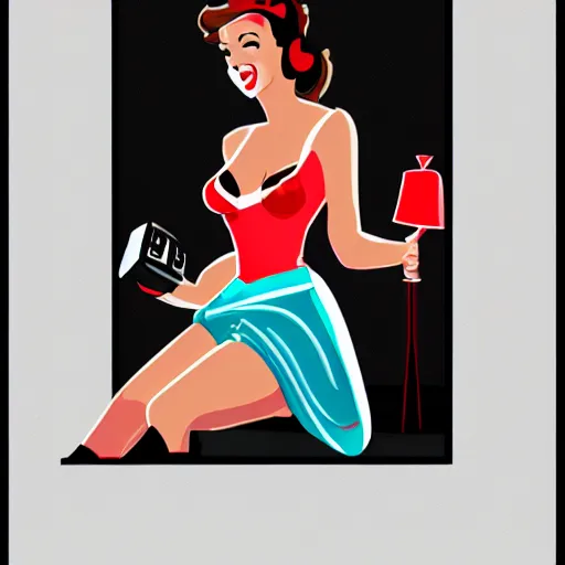 Image similar to a pin up woman playing a videogame, front view, digital art, photoshop, dark lighting, couch