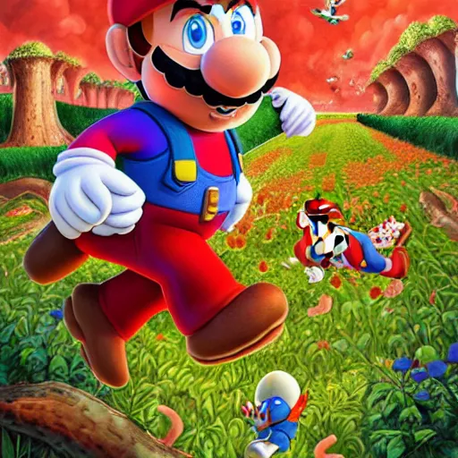 Image similar to a realistic portrait of chris pratt dressed as super mario running in a field of mushrooms by android jones