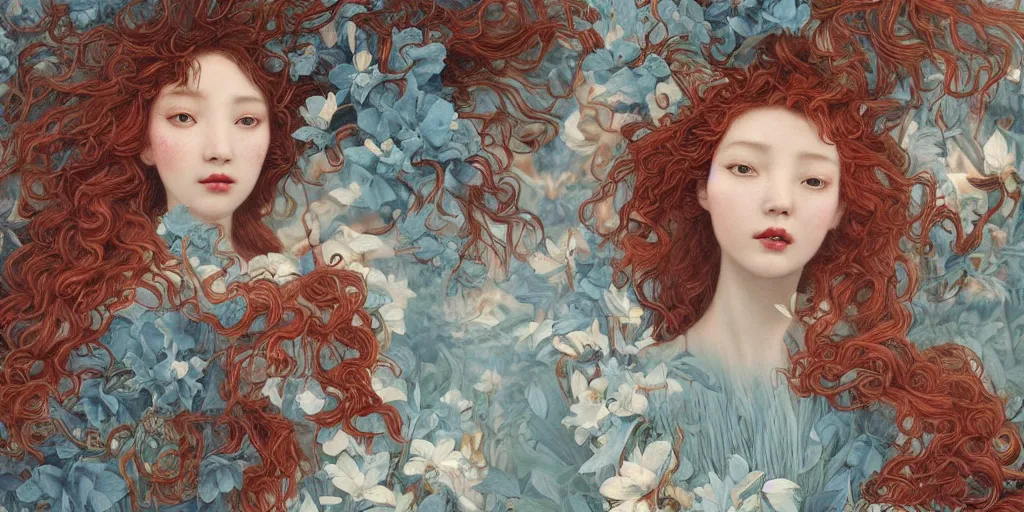 Image similar to breathtaking detailed concept art painting blend of few red curly hair goddesses of light blue flowers by hsiao - ron cheng with anxious piercing eyes, vintage illustration pattern with bizarre compositions blend of flowers and fruits and birds by beto val and john james audubon, exquisite detail, extremely moody lighting, 8 k