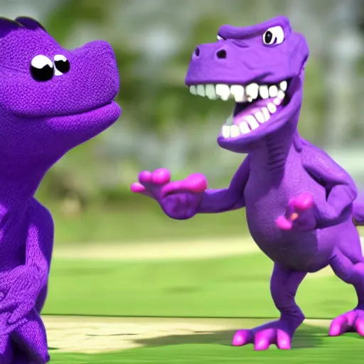 Prompt: Barney the purple dinosaur fighting orphans 8k