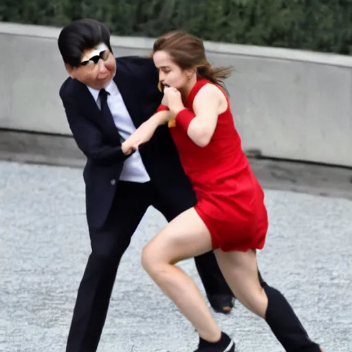 Image similar to emma watson dropkicks xi jinping, journalistic footage, 4 k