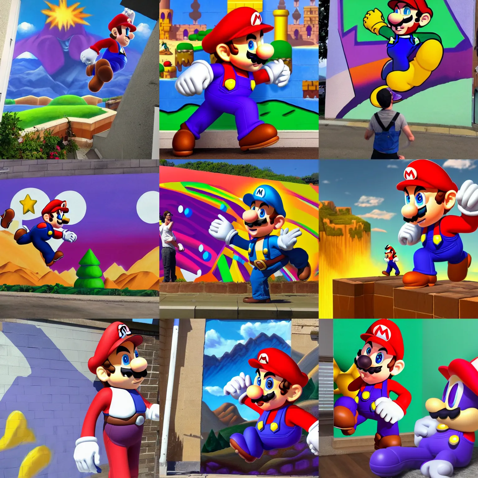 Prompt: a handsome Mario defeats an ugly Waluigi, epic, mountaintop, dramatic, mural, painting