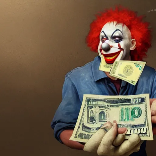 Prompt: A clown holding a dollar banknote, background is a slum, artstation, cgsociety, masterpiece