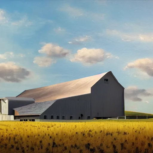 Image similar to exterior view of modern futuristic farm barn architecture, silo, feed troughs, cows, pigs, chickens, detailed luminescent oil painting 4 k