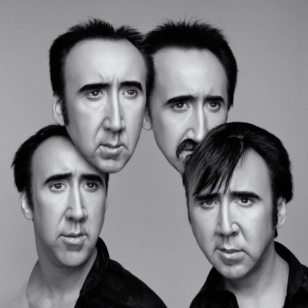 Image similar to nicolas cage headshot 1 9 9 9 photograph straight on color no eyebrows