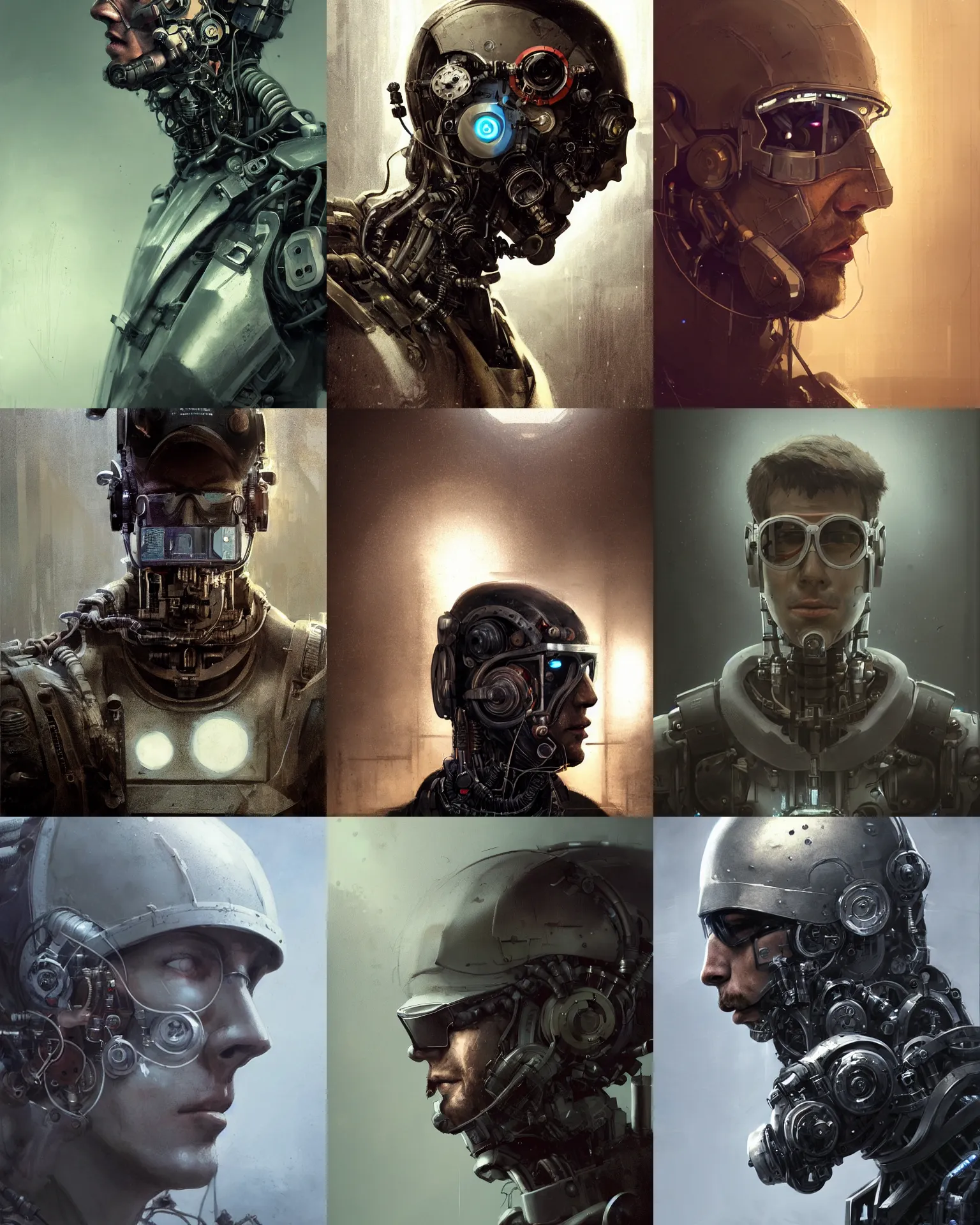 Image similar to a half - masked rugged young laboratory engineer man with cybernetic enhancements as seen from a distance, scifi character portrait by greg rutkowski, esuthio, craig mullins, 1 / 4 headshot, cinematic lighting, dystopian scifi gear, gloomy, profile picture, mechanical, half robot, implants, steampunk