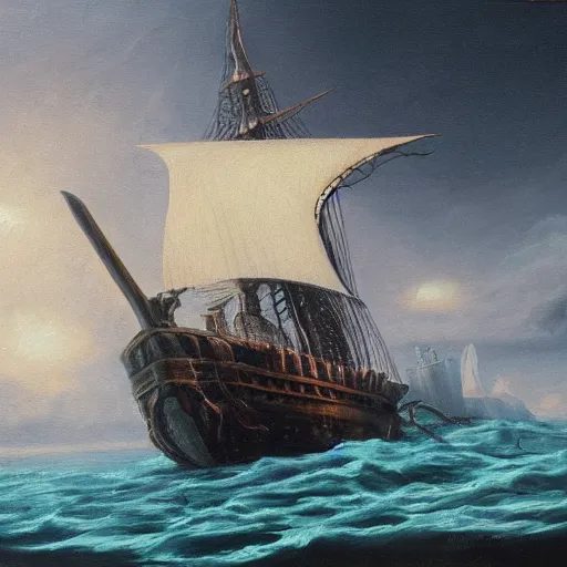 Prompt: sea monster, pulling a galleon into the depths of a dark ocean, oil painting, from far away