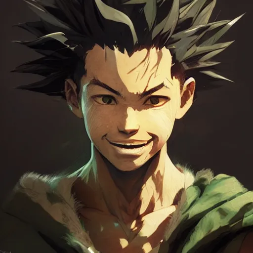 Image similar to realistic portrait of gon freecss, happy and smiling, dramatic lighting, illustration by Greg rutkowski, yoji shinkawa, 4k, digital art, concept art, trending on artstation