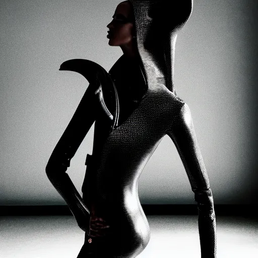 Image similar to fashion photography of an extraterrestrial model, holding a leather whip, wearing demobaza fashion, inside berghain, berlin fashion, harness, futuristic fashion, dark minimal outfit, photo 3 5 mm leica, hyperdetail, berghain, 8 k, very detailed, photo by nick knight