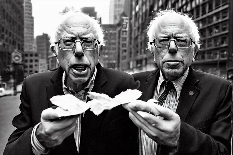 Prompt: closeup potrait of bernie sanders offering a werther's original in a smoky new york street, screen light, sharp, detailed face, magazine, press, photo, Steve McCurry, David Lazar, Canon, Nikon, focus