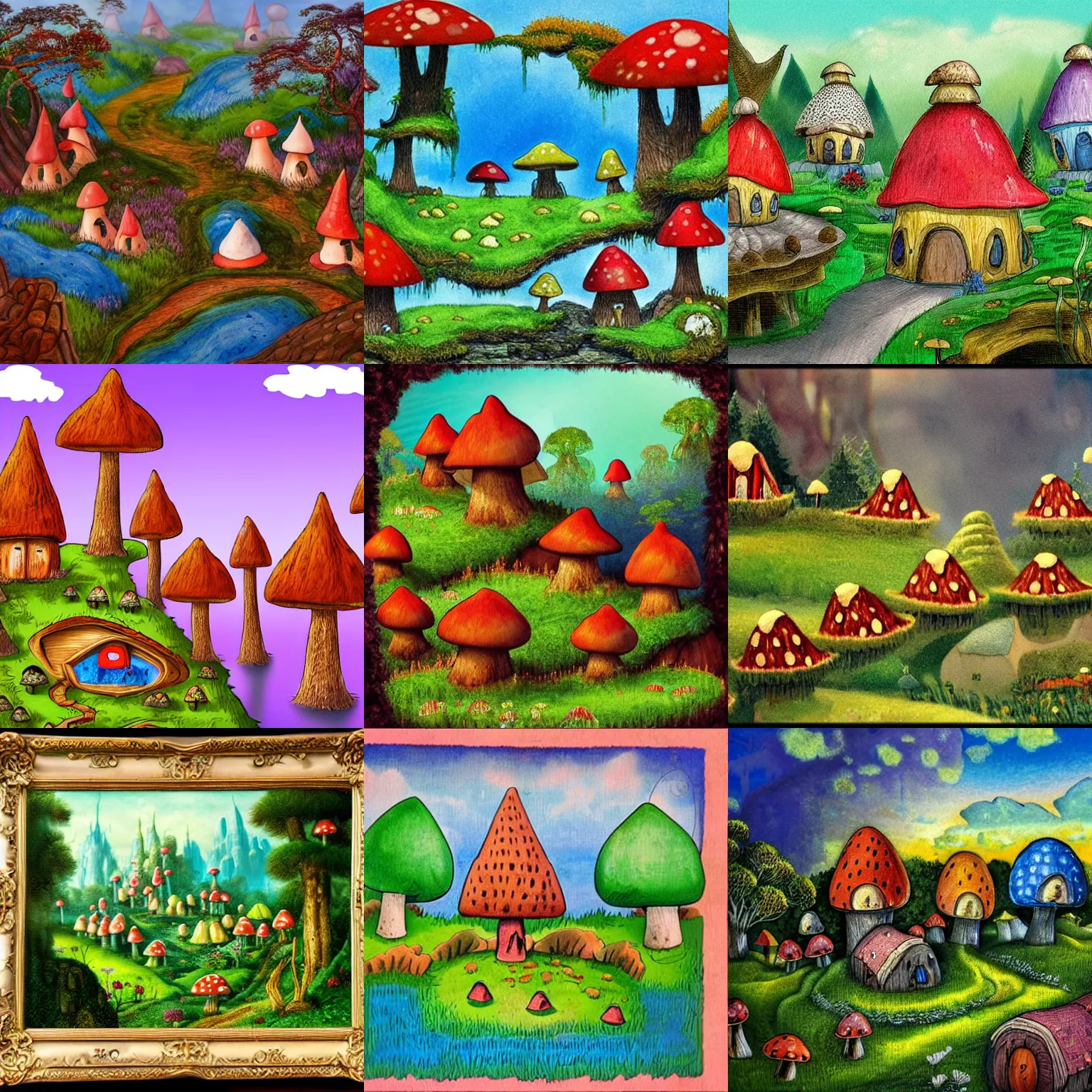 Prompt: fairytale landscape with mushroom houses in the style of wimmelbilder and the smurfs
