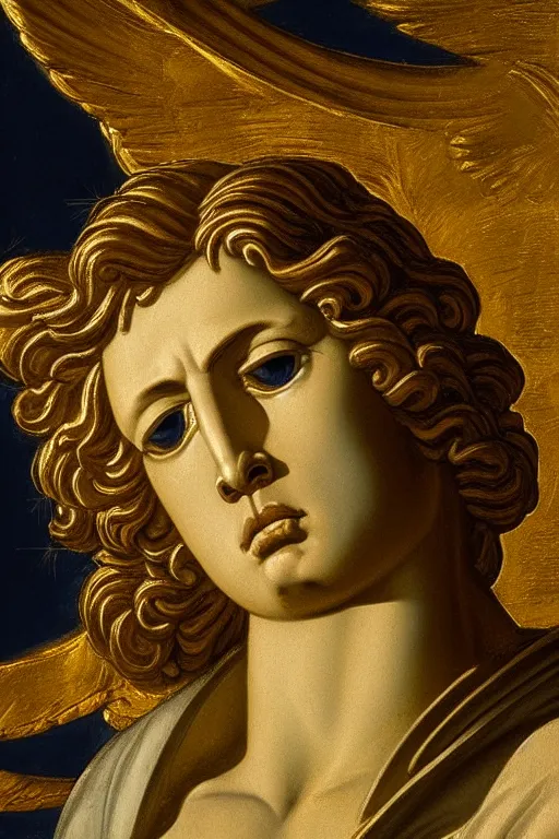 Image similar to archangel Michael, crying face, closeup, ultra detailed, made in gold, Guido Reni style
