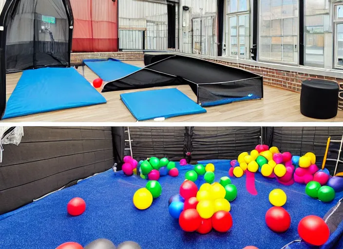 Prompt: A black trampoline next to A bouncy house with a ball pit inside a giant empty room with light coming through windows