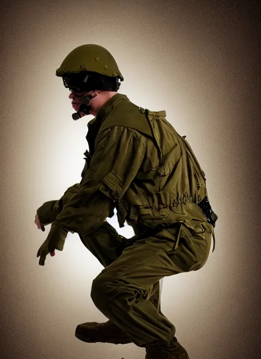 Image similar to a man dressed as military, squatting, digital painting, dramatic lighting, spotlight, smoke in background, photorealistic, intricate outfit