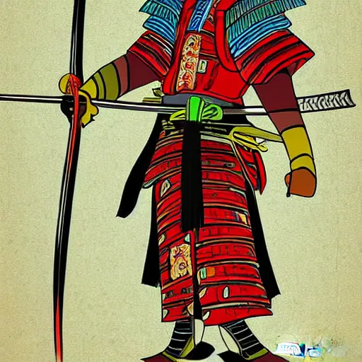 Image similar to highly stylized samurai holding a katana,striking colors,digital art