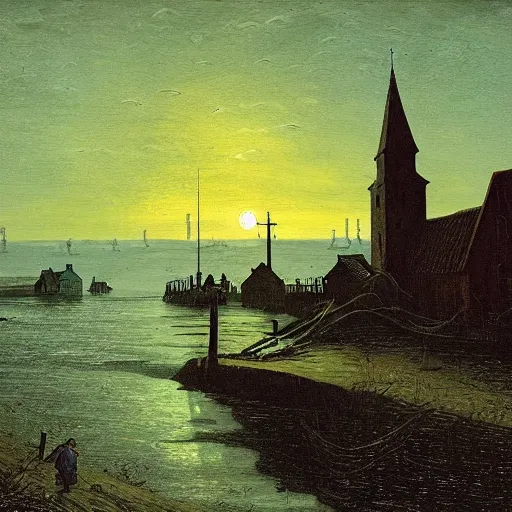 Prompt: innsmouth, wanderer, fishpeople, fishing town, church, night, dramatic light, lovecraft, painted by caspar david friedrich