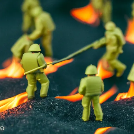 Prompt: 5 green plastic toy soldiers in set on fire with fuel . close up. DOF 100mm. F/1.8 45 45 degrees angle