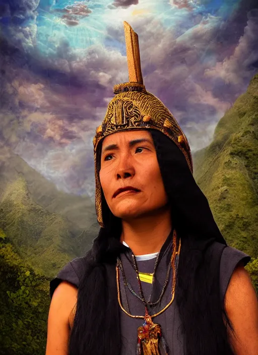 Image similar to incan female priest starring at the sky, with arms up, praying at the sky, realistic face, matte painting, fantasy art