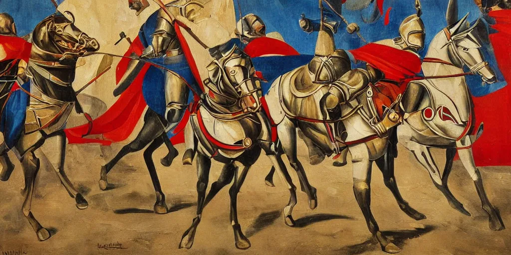 Prompt: italian futurism style painting of medieval knights jousting