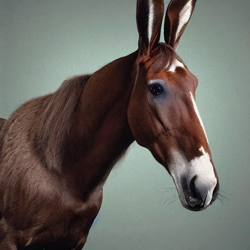 Image similar to a horse with a rabbit head, real photograph, mutant animal