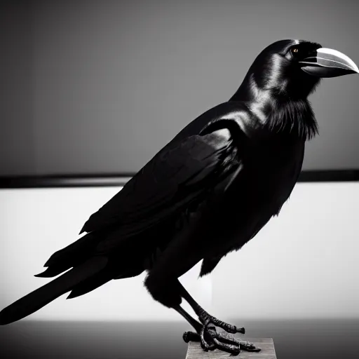 Prompt: photo still of a crow studying in class, 8 k, studio lighting bright ambient lighting key light, 8 5 mm f 1. 8