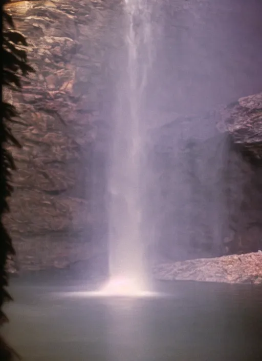 Image similar to a 2 8 mm macro kodachrome photo of a waterfall made of glowing glitter stardust and sparks, flowing into the river in the valley in yosemite national park in the 1 9 5 0's, seen from a distance, bokeh, canon 5 0 mm, cinematic lighting, film, photography, moonlight, long exposure, depth of field, award - winning