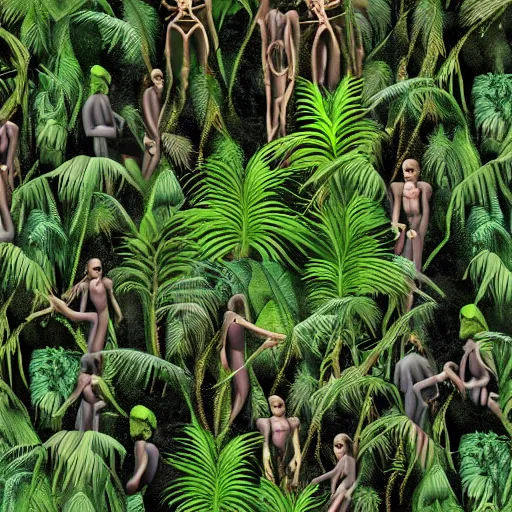 Image similar to « dark jungle, lost group of humans, detailed, far view »