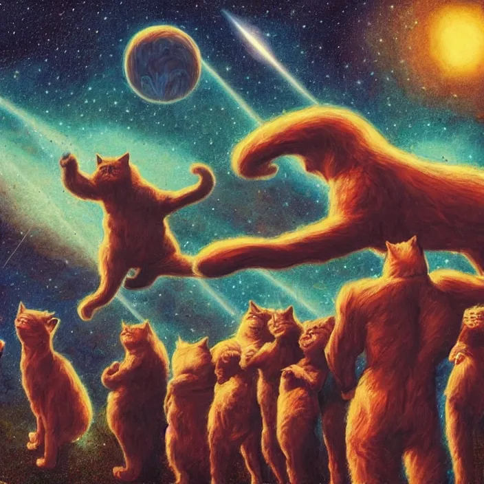 Image similar to cinematic humans praying to a giant cat god while there is a meteor shower that threatens to extinguish the world,, hd, hdr, 4 k, 8 k, art by basil gogos