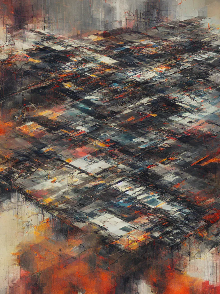 Prompt: a beautiful abstract painting by peter vahlefeld of a sky view of a complex glitched highway intersection, color bleeding, pixel sorting, plaster and metal materials, brushstrokes by jeremy mann