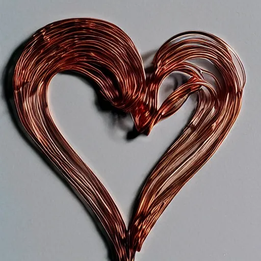 Prompt: a very beautiful tiny ( ( ( ( human heart ) ) ) )!!!!!!!!!!!!!!!!!!!!!!!!! organic sculpture made of copper wire and threaded pipes, very intricate, curved. studio lighting, high resolution, high quality, black background