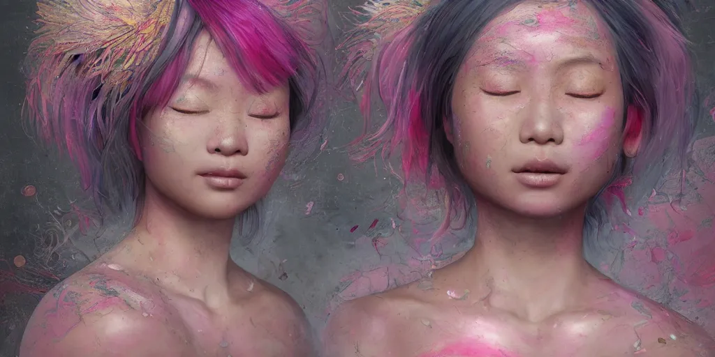 Image similar to a portrait of a very beautiful young asian goddess, seductive smile, with pink and grey hair radiating swirling paint and impasto, sleepy eyes by wlop and monia merlo and fintan magee, background is multicoloured volume displacement, hyperrealism, subsurface scattering, arnold render, 8 k, houdini, xparticles