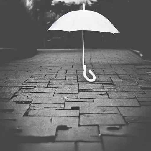 Image similar to a wooden umbrella leaning against your knee, raining, photo