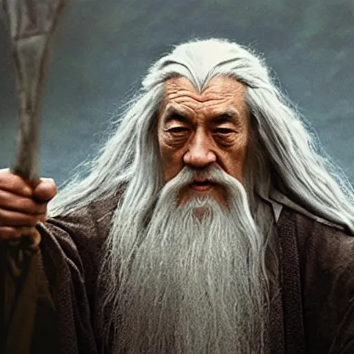 Image similar to a still from “ lord of the rings ” of a head and shoulders portrait of master tang as gandalf, photo by phil noto