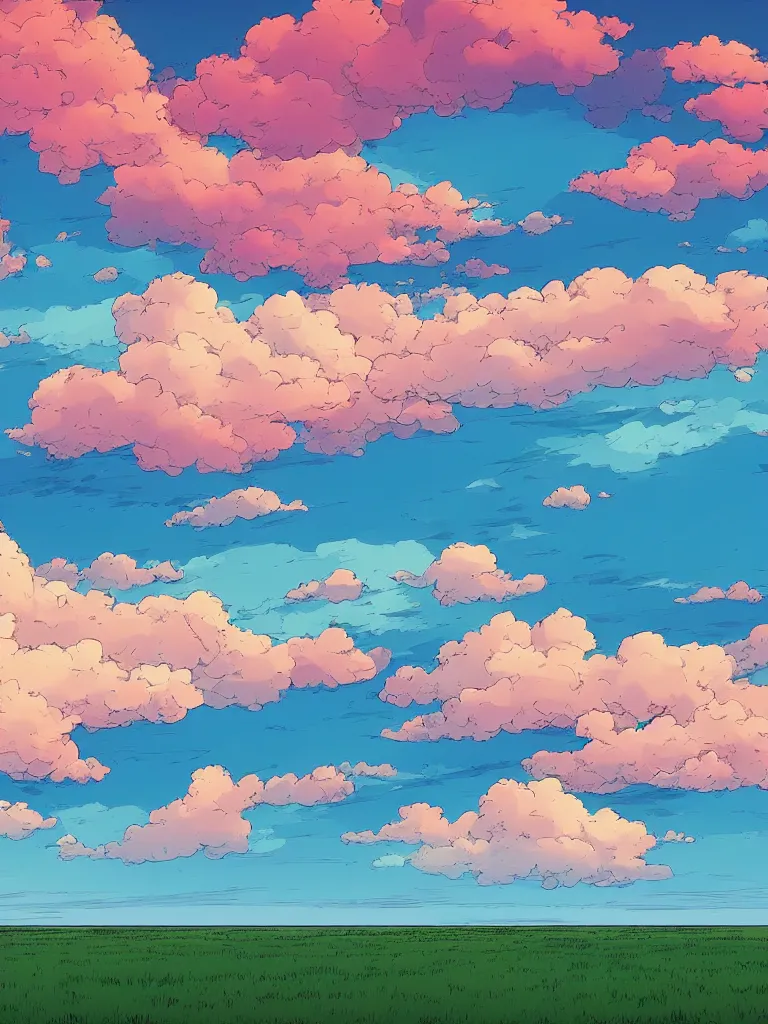 Prompt: a digital art of a landscape of a field and the sea at noon, beautiful sky and clouds, colorful, by laurie greasley, artstation, studio ghibli color scheme