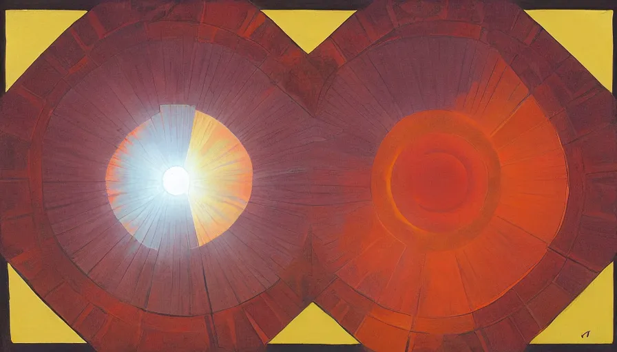 Image similar to the sun being blocked by a hexagon, seen from earth, art deco painting