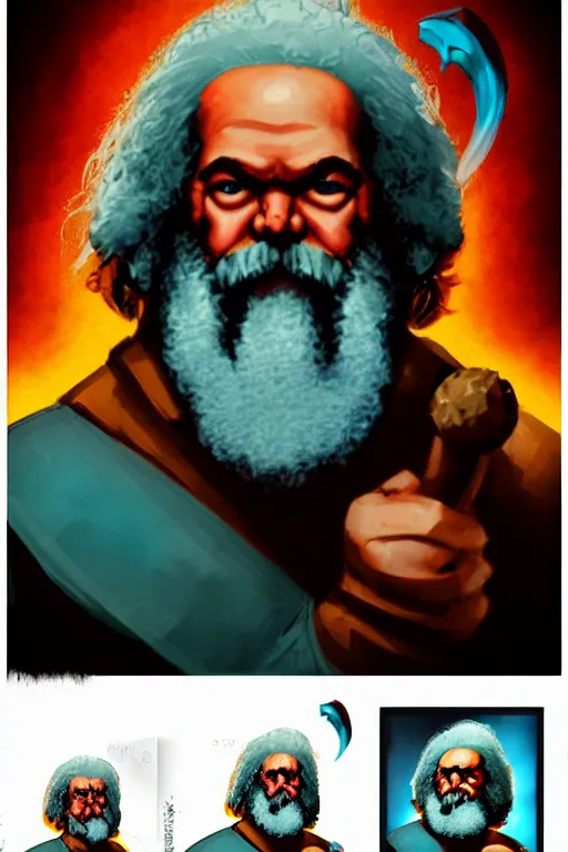 Image similar to character portrait of buff barbarian karl marx with a tattoo of an eye on the forehead, dungeons and dragons artwork, dynamic composition, dramatic lighting, trending on artstation, award winning art, stylized painting by leonardo da vinci, raphael and richard corben, concept art, 4 k, 8 k, gold and teal color scheme