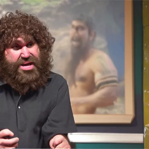 Prompt: caveman doing standup comedy in real life, intricate, highly detailed, detailed, hyper realistic, 4 k, 8 k uhd, realistic, great detail