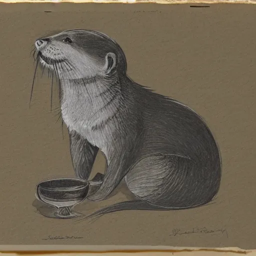 Prompt: a sketch of a gentleman otter drinking tea