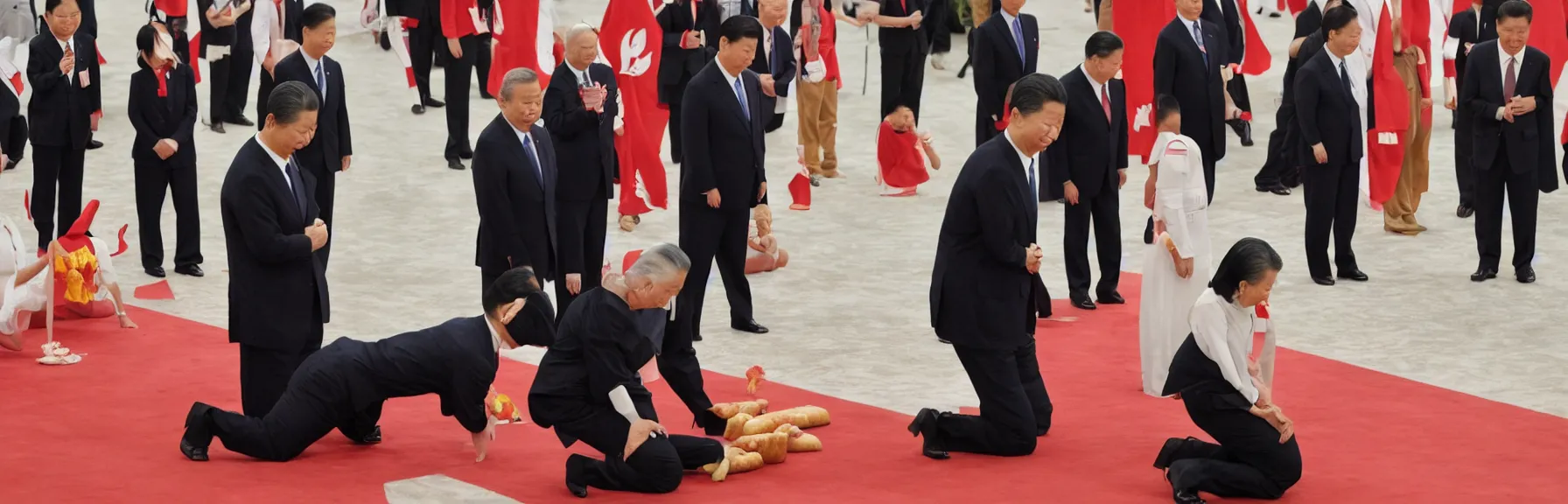 Prompt: Tsai Ing-wen kneeling down on knees before Xi Jinping standing, her mouth nearby his waist, Joe Biden kneeling down on knees behind her holding a hotdog, photorealistic, ultrarealistic photography, 8k