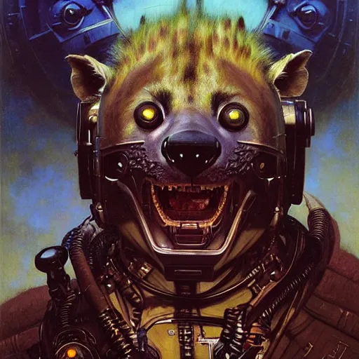 Prompt: portrait of a hyena gnoll doctor. futuristic spaceship. shadowrun furaffiniy cyberpunk fantasy highly detailed painting by gaston bussiere craig mullins jc leyendecker gustav klimt artgerm greg rutkowski john berkey, bergey, craig mullins, ruan jia, raymond swanland, jeremy mann, tom lovell, alex malveda